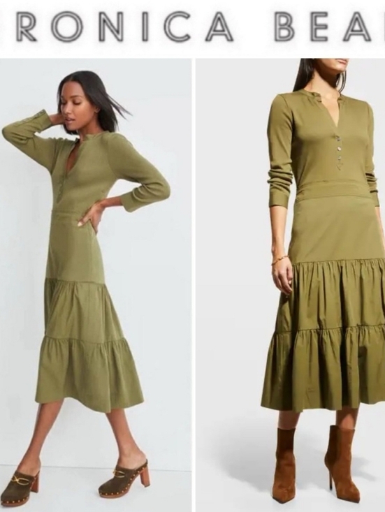 Veronica Beard Dresses & Skirts - Veronica Beard Peralta Maxi Dress Womens Large Grern Long Sleeve V-Neck Tiered